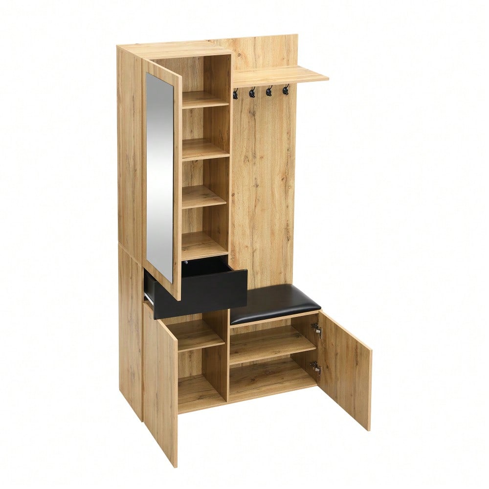 Garderobenset mit 5 Garderobenhaken, Spiegel, Schuhschrank, Einbauschrank mit oberen Regalen, Schubladen, oberen Ablagefächern, Flurgarderobenbank.