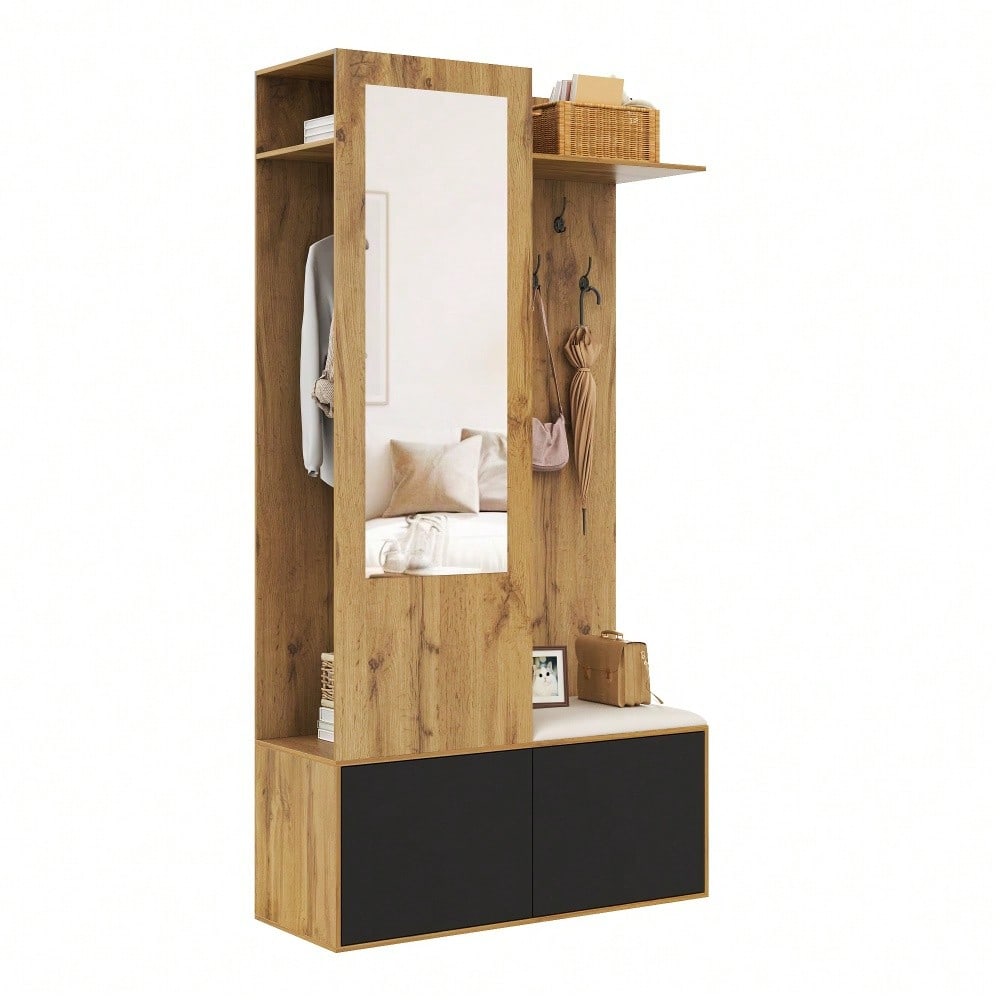 Das Kleiderschrank-Set umfasst 5 Kleiderhaken, einen Spiegel, einen Schuhschrank, ein oberes Regal mit verborgenem Bereich zum Aufhängen und eine Garderobenbank für den Flur.