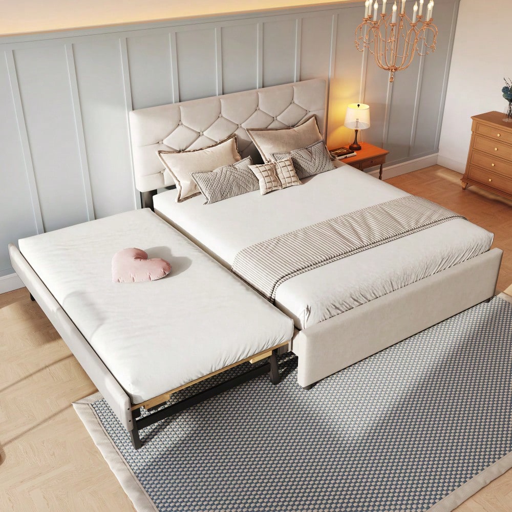 Polsterbett, 140x200cm, Bett mit Lattenrost (ohne Matratze), Bett mit Rollcontainer, Samt, Minimalistisch, Beige