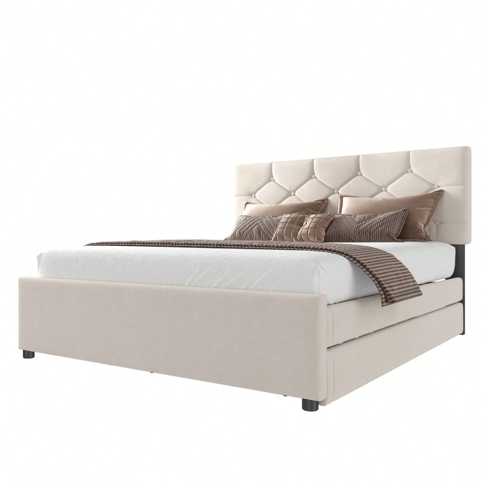 Polsterbett, 140x200cm, Bett mit Lattenrost (ohne Matratze), Bett mit Rollcontainer, Samt, Minimalistisch, Beige