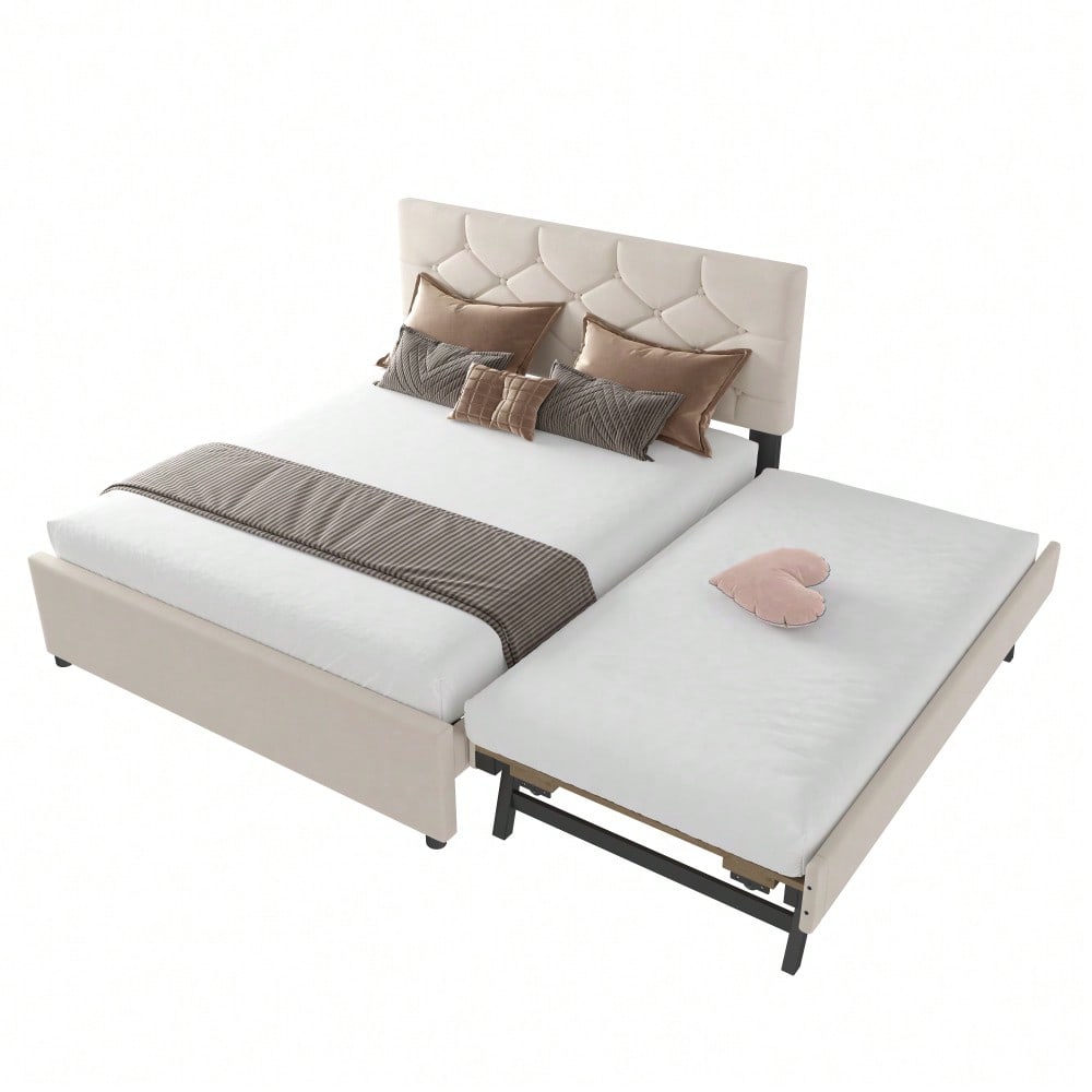 Polsterbett, 140x200cm, Bett mit Lattenrost (ohne Matratze), Bett mit Rollcontainer, Samt, Minimalistisch, Beige