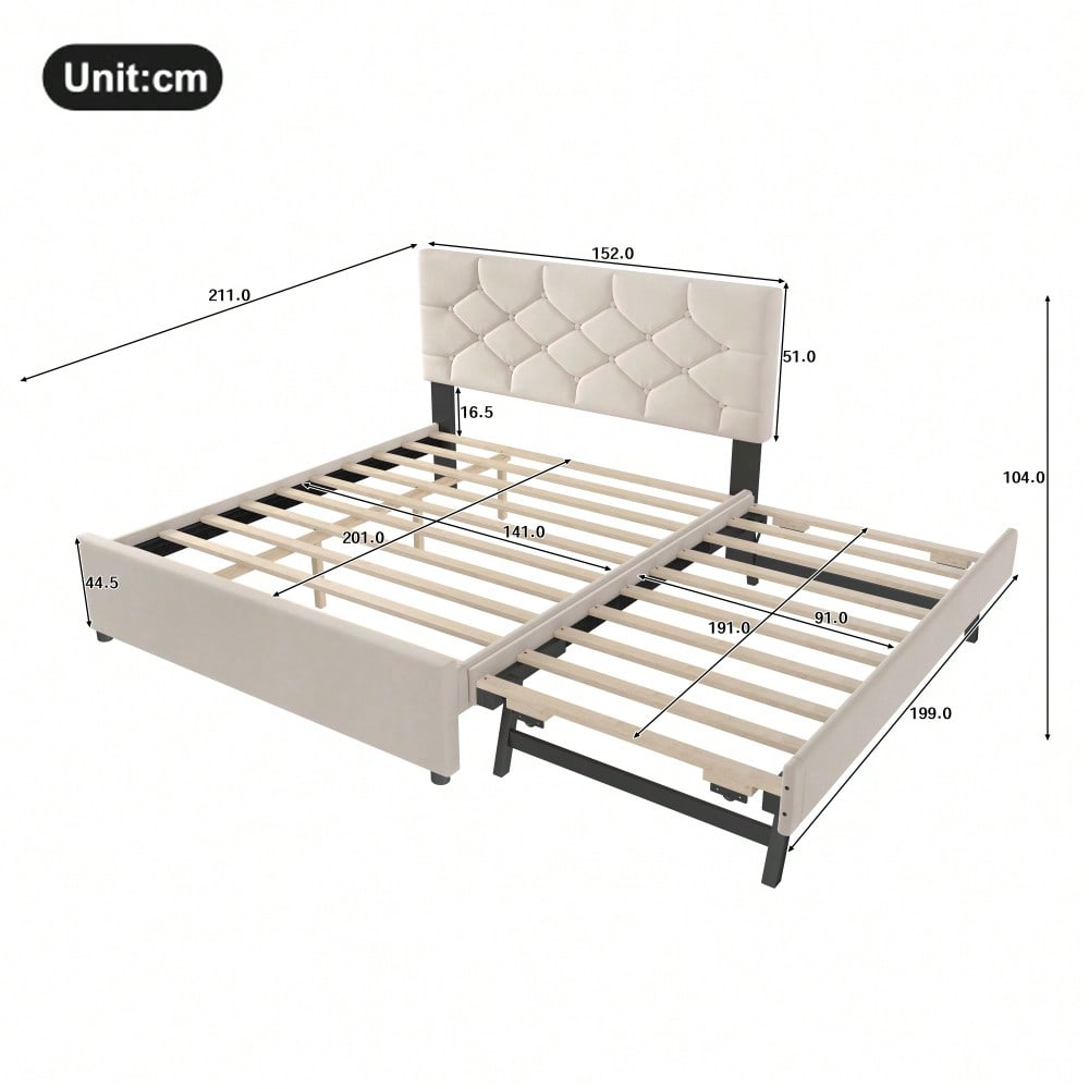 Polsterbett, 140x200cm, Bett mit Lattenrost (ohne Matratze), Bett mit Rollcontainer, Samt, Minimalistisch, Beige
