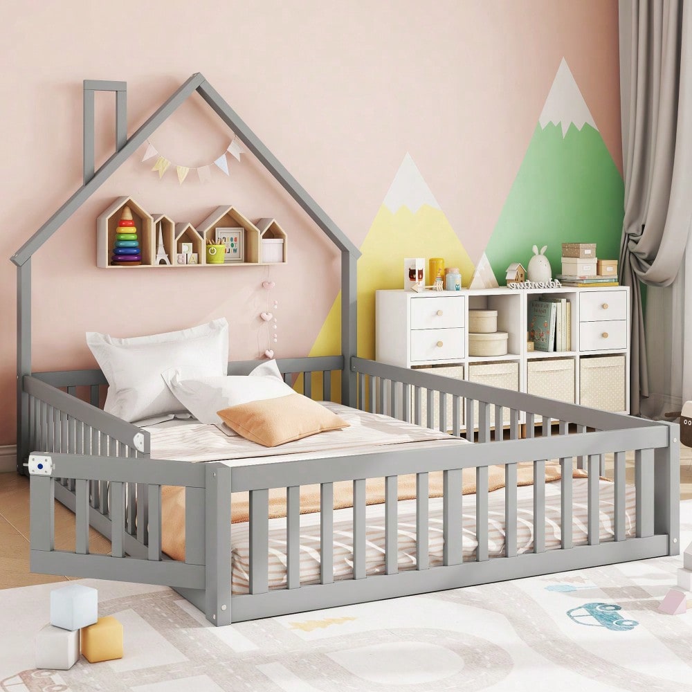 Polsterbett, 140 x 190 cm, Kinderbett mit Schornsteinform, Bett mit Lattenrost (ohne Matratze), Kiefernholz, Minimalistischer Stil, Grau