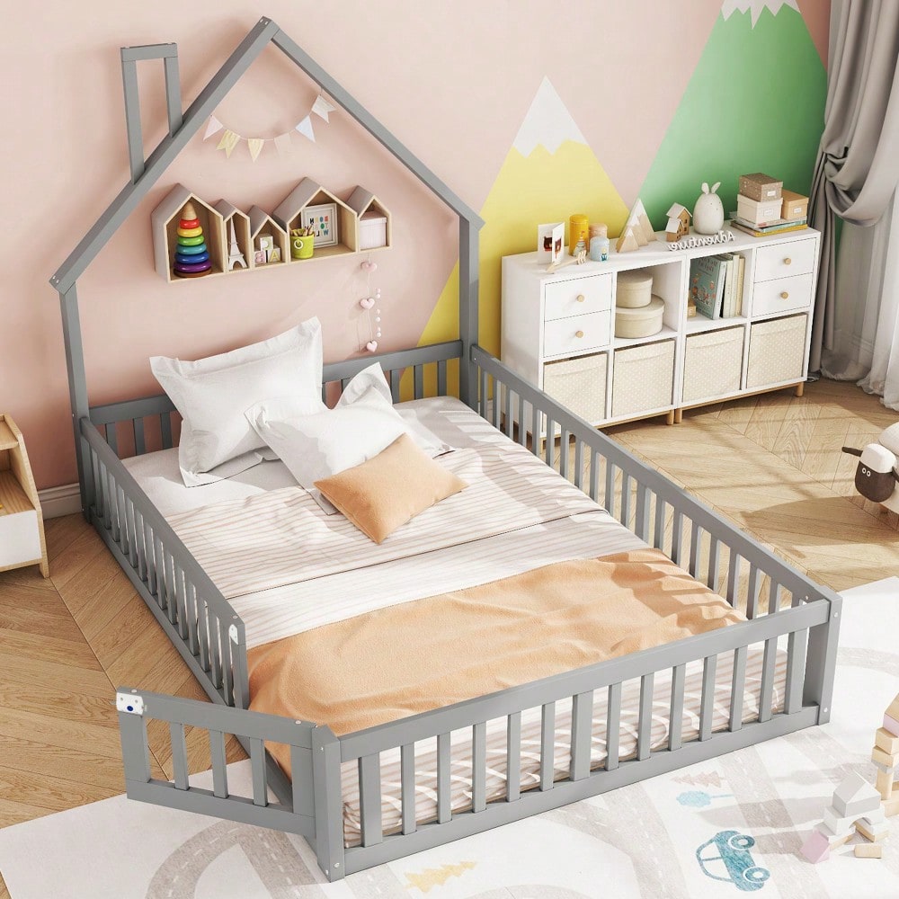 Polsterbett, 140 x 190 cm, Kinderbett mit Schornsteinform, Bett mit Lattenrost (ohne Matratze), Kiefernholz, Minimalistischer Stil, Grau