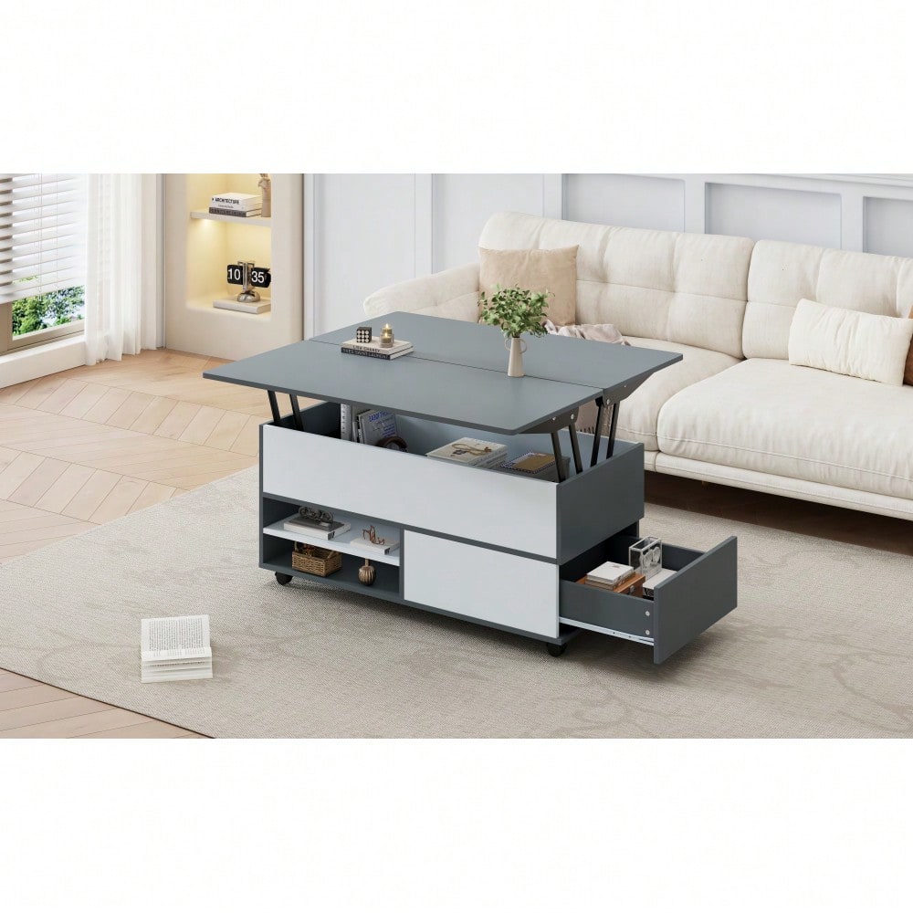 100*98*65cm Couchtisch Höhenverstellbarer Kaffeetisch mit Verstecktem Stauraum und Ablage, Wohnzimmertisch mit Rollen und Schubladen, multifunktionaler Esstisch mit großem Stauraum, grau-weiße Spleiße