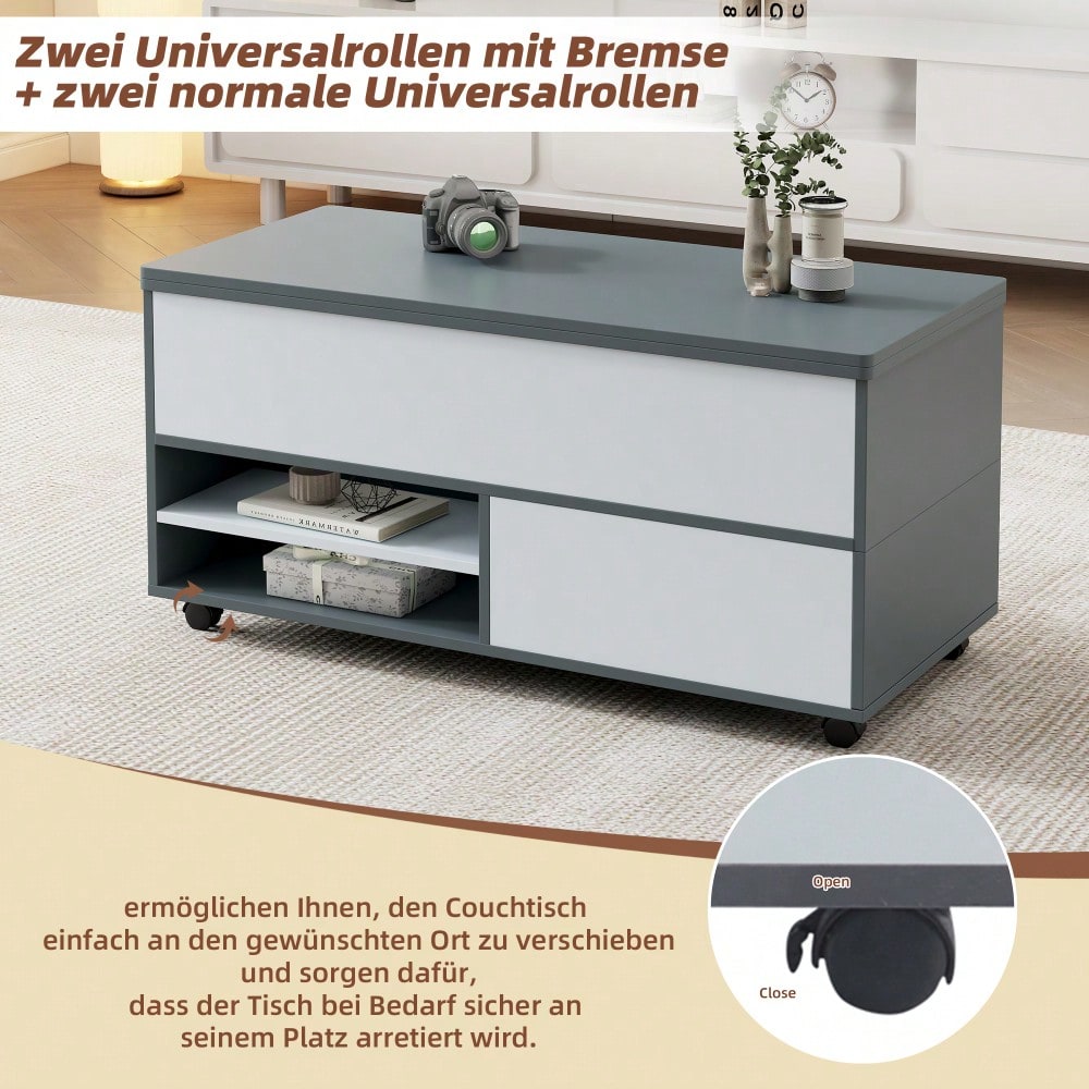 100*98*65cm Couchtisch Höhenverstellbarer Kaffeetisch mit Verstecktem Stauraum und Ablage, Wohnzimmertisch mit Rollen und Schubladen, multifunktionaler Esstisch mit großem Stauraum, grau-weiße Spleiße