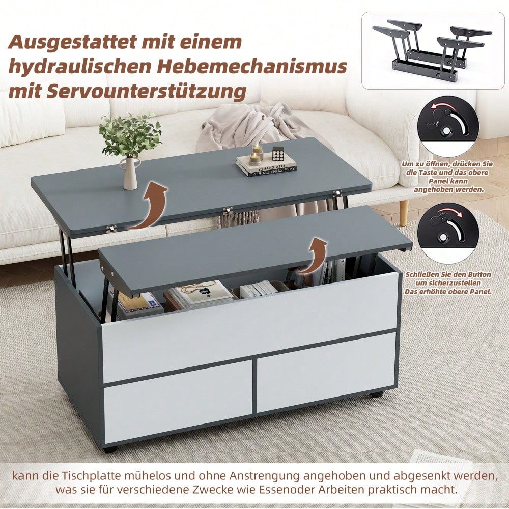 100*98*65cm Couchtisch Höhenverstellbarer Kaffeetisch mit Verstecktem Stauraum und Ablage, Wohnzimmertisch mit Rollen und Schubladen, multifunktionaler Esstisch mit großem Stauraum, grau-weiße Spleiße