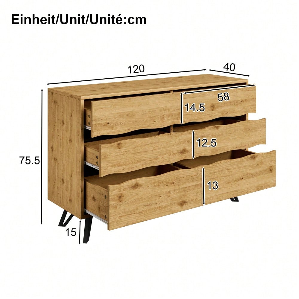 Moderner Sideboard-Schrank mit 6 Schubladen – Holzoptik, Metallfüße, Viel Stauraum, Minimalistisches Design, Für Wohnzimmer & Esszimmer – 120x40x75,5 cm