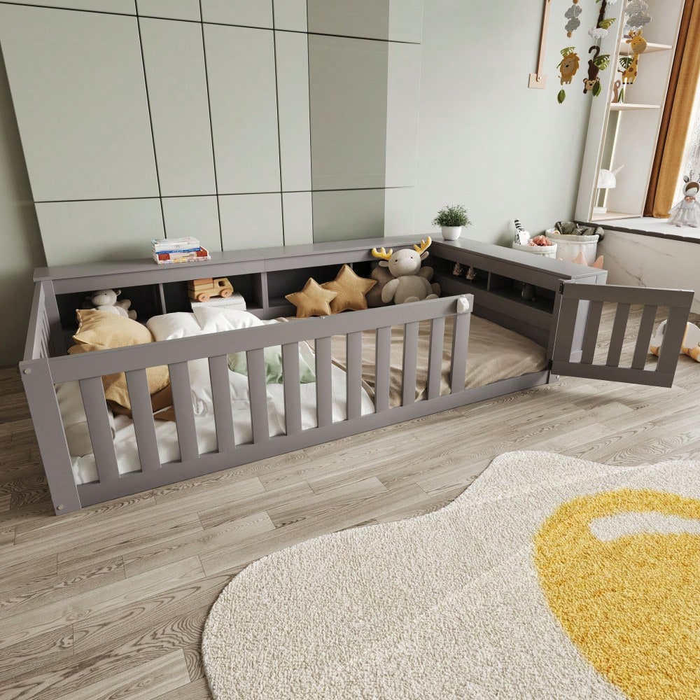 Multifunktionales Kinderbett 90 x 200 cm, mit reichlich Staufächern und Stauraum, mit Sicherheitsgitter und Türchen, Rundum-Sicherheitsschutz, Massivholzbett mit Lattenrost, Einzelbett, Grau