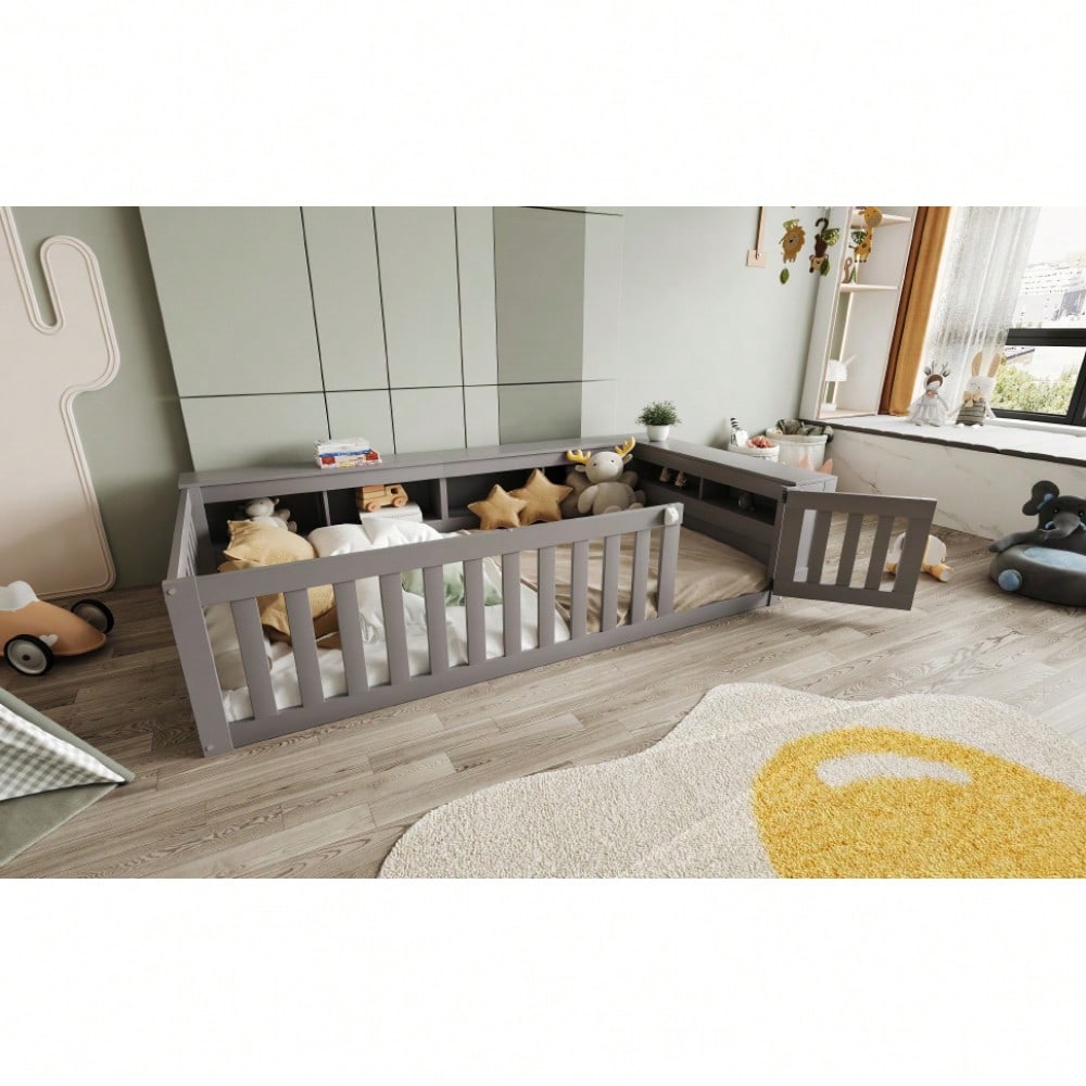 Multifunktionales Kinderbett 90 x 200 cm, mit reichlich Staufächern und Stauraum, mit Sicherheitsgitter und Türchen, Rundum-Sicherheitsschutz, Massivholzbett mit Lattenrost, Einzelbett, Grau