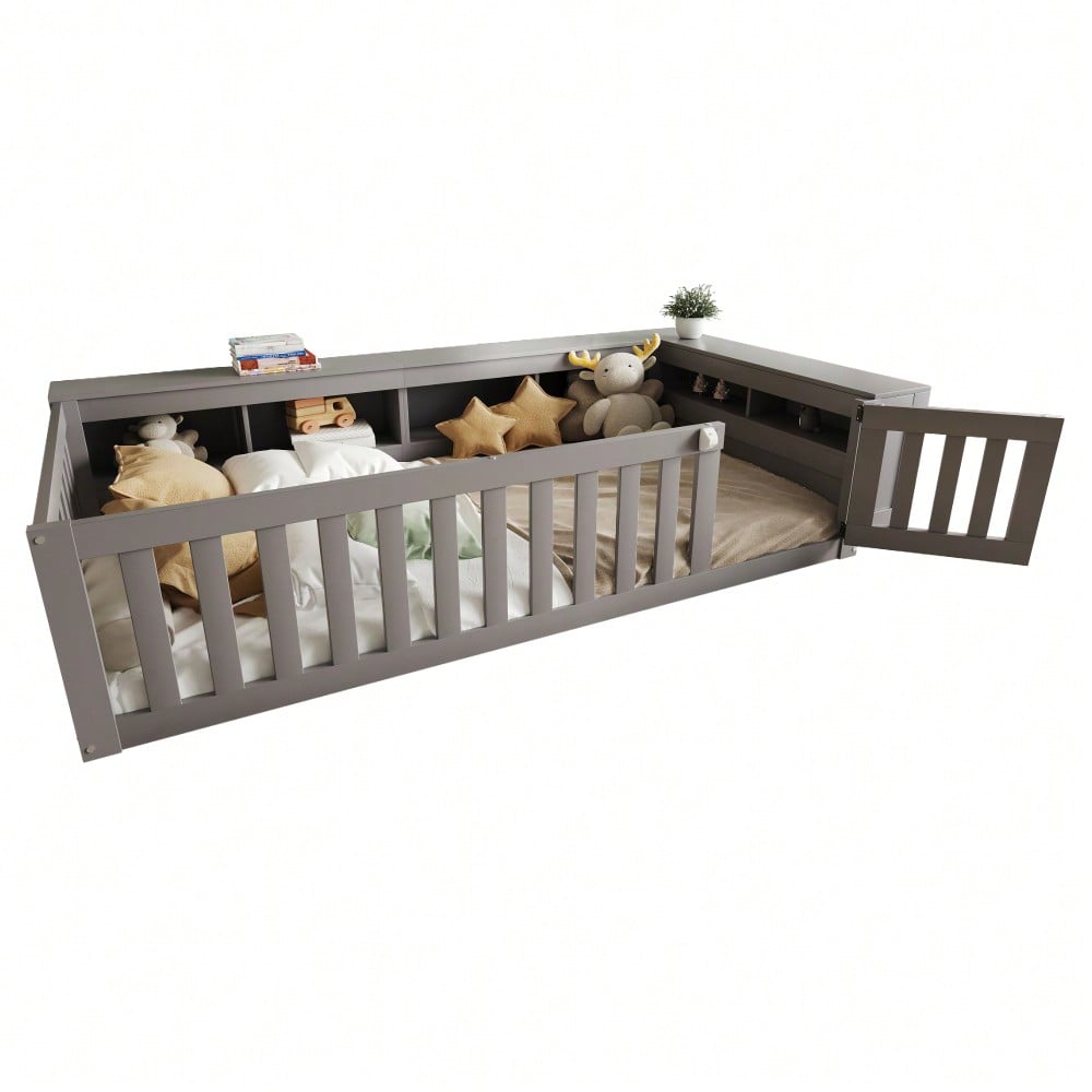 Multifunktionales Kinderbett 90 x 200 cm, mit reichlich Staufächern und Stauraum, mit Sicherheitsgitter und Türchen, Rundum-Sicherheitsschutz, Massivholzbett mit Lattenrost, Einzelbett, Grau