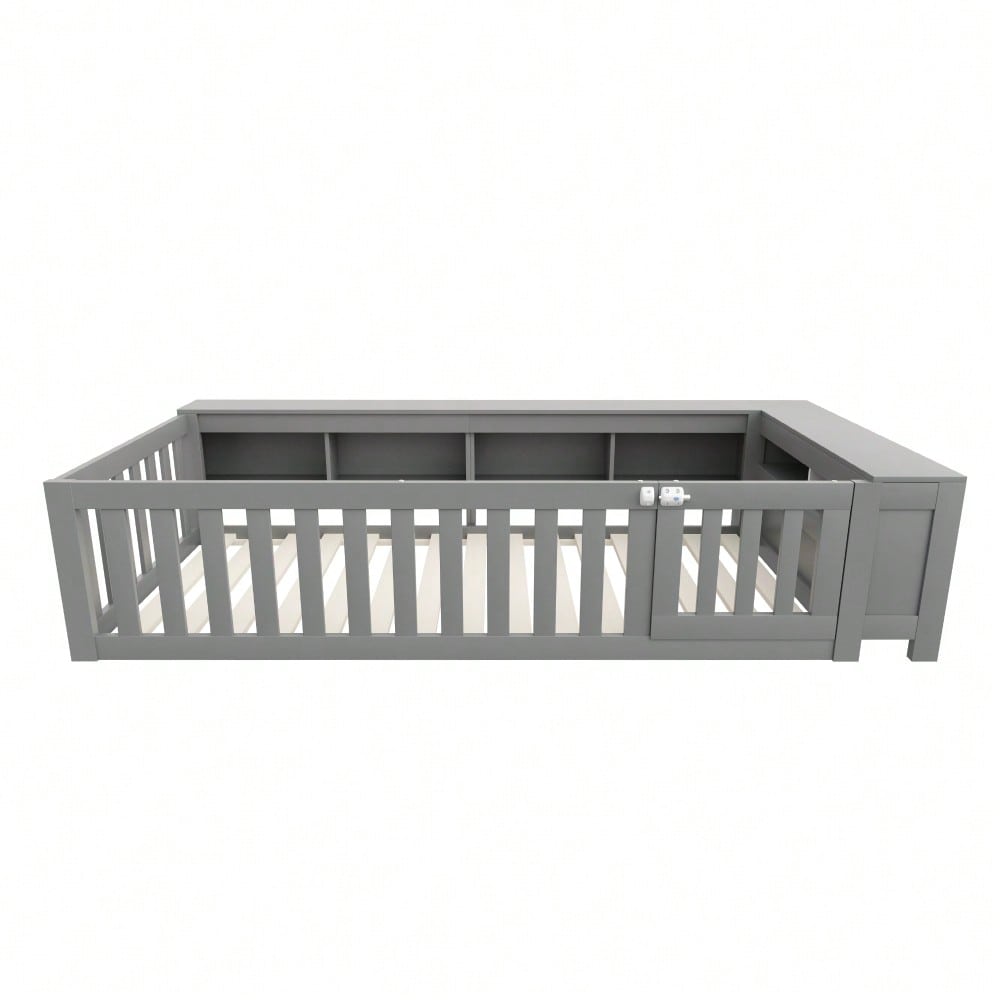 Multifunktionales Kinderbett 90 x 200 cm, mit reichlich Staufächern und Stauraum, mit Sicherheitsgitter und Türchen, Rundum-Sicherheitsschutz, Massivholzbett mit Lattenrost, Einzelbett, Grau