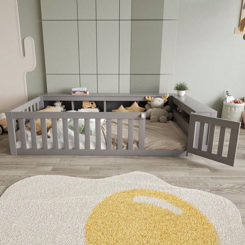 Multifunktionales Kinderbett 90 x 200 cm, mit reichlich Staufächern und Stauraum, mit Sicherheitsgitter und Türchen, Rundum-Sicherheitsschutz, Massivholzbett mit Lattenrost, Einzelbett, Grau