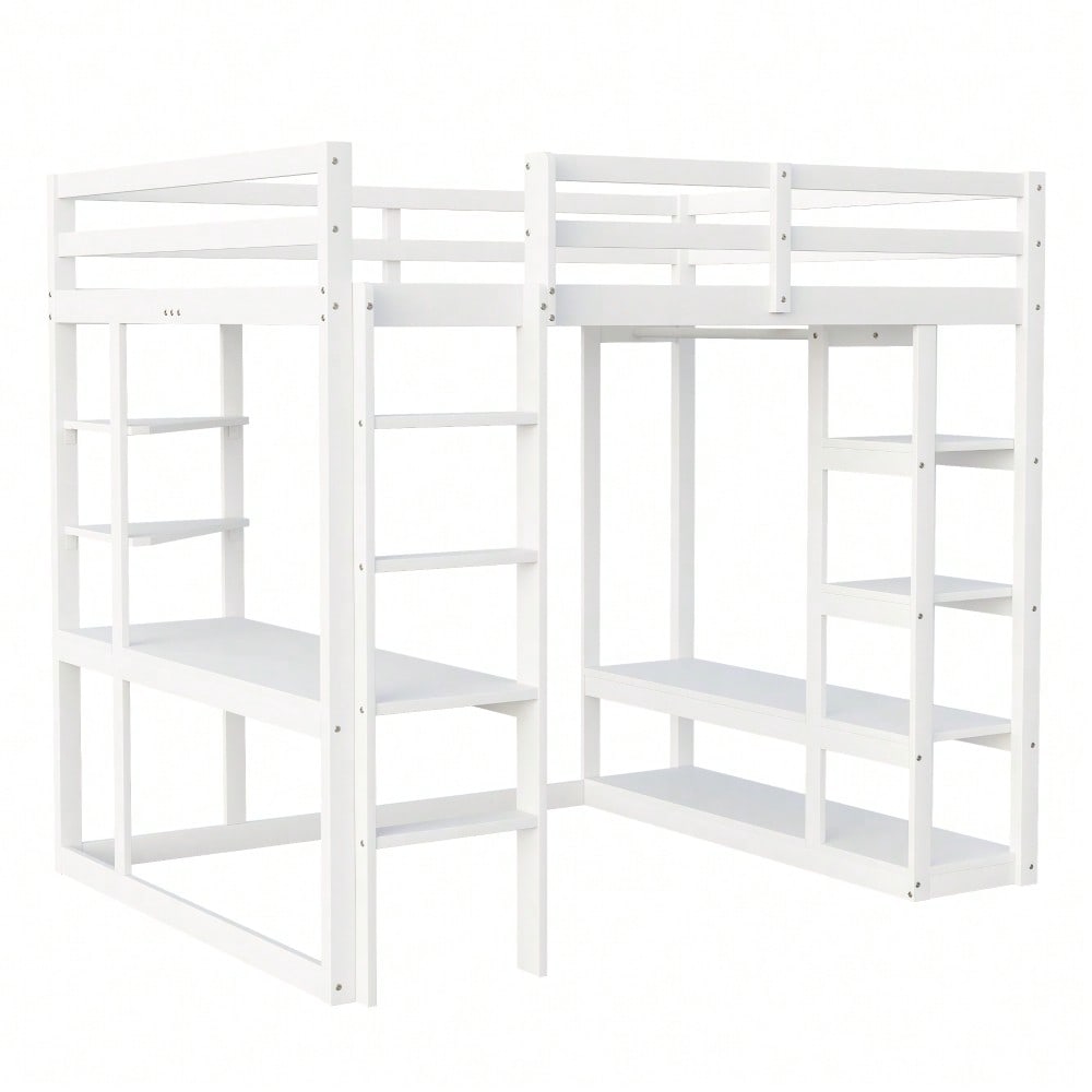 Hochbett mit Leiter Massivholz 140*200 cm, Mit Tisch und Regalen, Mit Einfachen Aufhängungen und Ablage Laminat, Kinderbetten Jugendbetten, Doppelbetten, Weiß