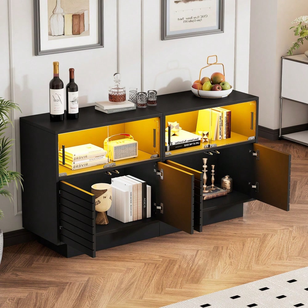 130*35*68cm Sideboard mit 2 Kabinett, 4 Fächern, Glastüren, Breite 130 cm, Beistellschrank mit LED-Licht, Wohnraumschrank mit viel Stauraum, modernes highboard