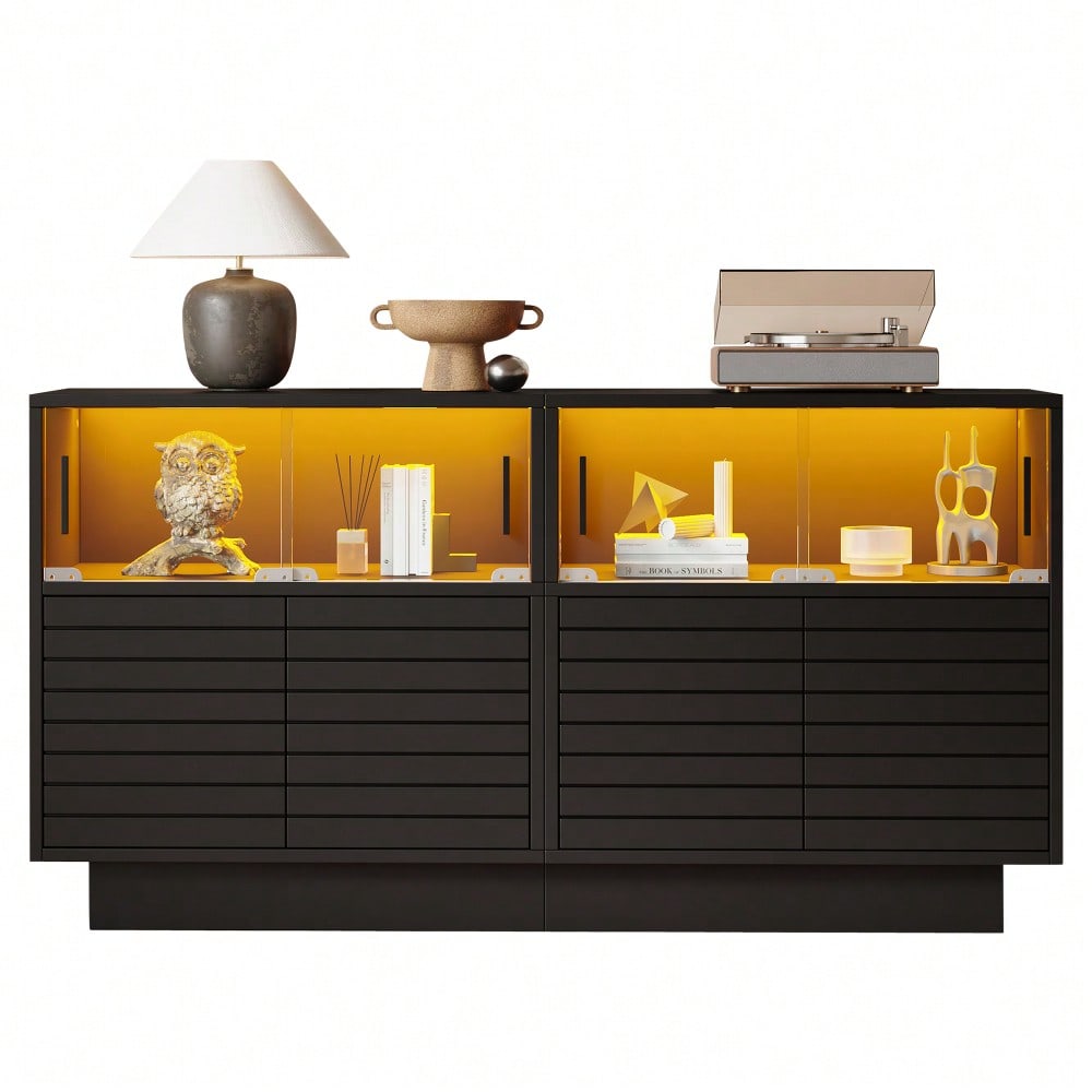 130*35*68cm Sideboard mit 2 Kabinett, 4 Fächern, Glastüren, Breite 130 cm, Beistellschrank mit LED-Licht, Wohnraumschrank mit viel Stauraum, modernes highboard