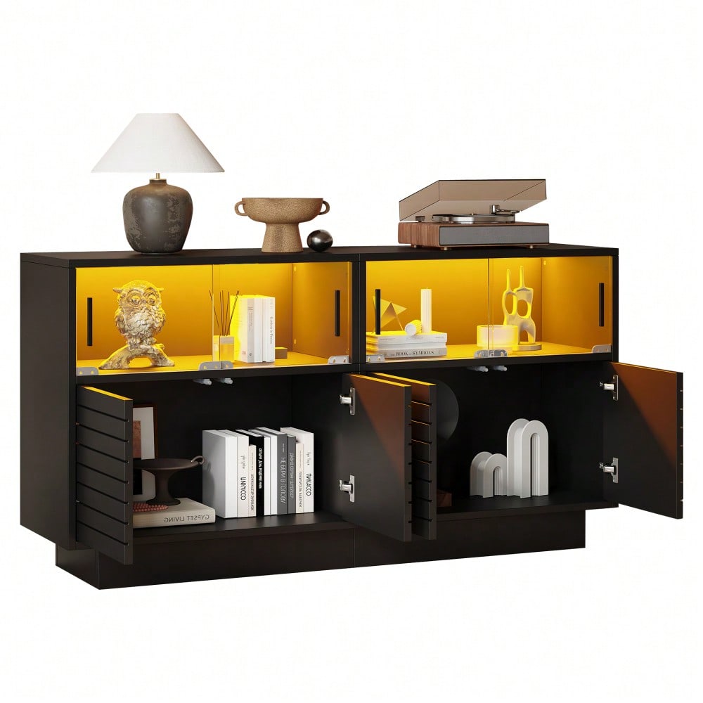 130*35*68cm Sideboard mit 2 Kabinett, 4 Fächern, Glastüren, Breite 130 cm, Beistellschrank mit LED-Licht, Wohnraumschrank mit viel Stauraum, modernes highboard
