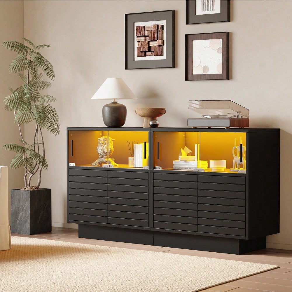 130*35*68cm Sideboard mit 2 Kabinett, 4 Fächern, Glastüren, Breite 130 cm, Beistellschrank mit LED-Licht, Wohnraumschrank mit viel Stauraum, modernes highboard
