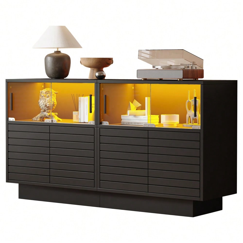 130*35*68cm Sideboard mit 2 Kabinett, 4 Fächern, Glastüren, Breite 130 cm, Beistellschrank mit LED-Licht, Wohnraumschrank mit viel Stauraum, modernes highboard