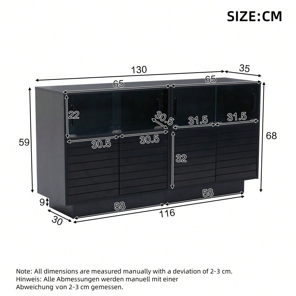 130*35*68cm Sideboard mit 2 Kabinett, 4 Fächern, Glastüren, Breite 130 cm, Beistellschrank mit LED-Licht, Wohnraumschrank mit viel Stauraum, modernes highboard