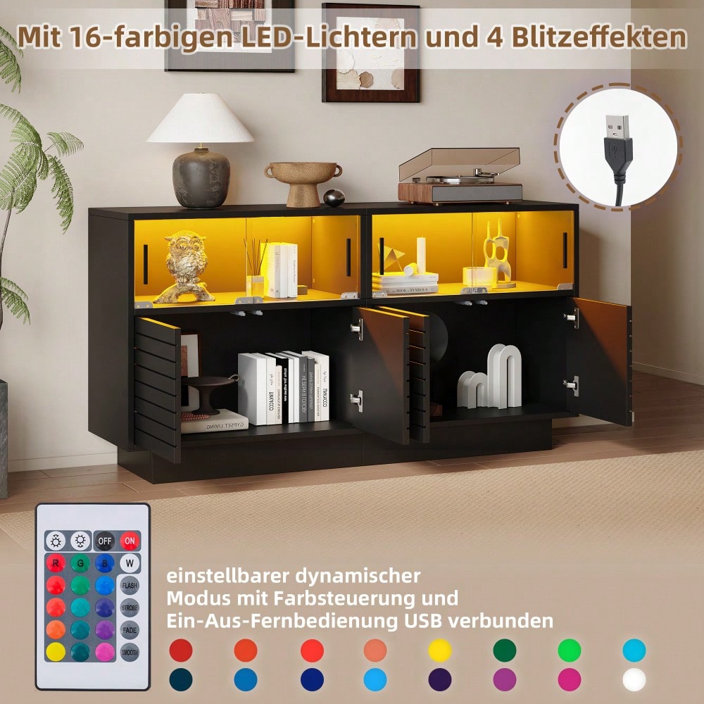 130*35*68cm Sideboard mit 2 Kabinett, 4 Fächern, Glastüren, Breite 130 cm, Beistellschrank mit LED-Licht, Wohnraumschrank mit viel Stauraum, modernes highboard