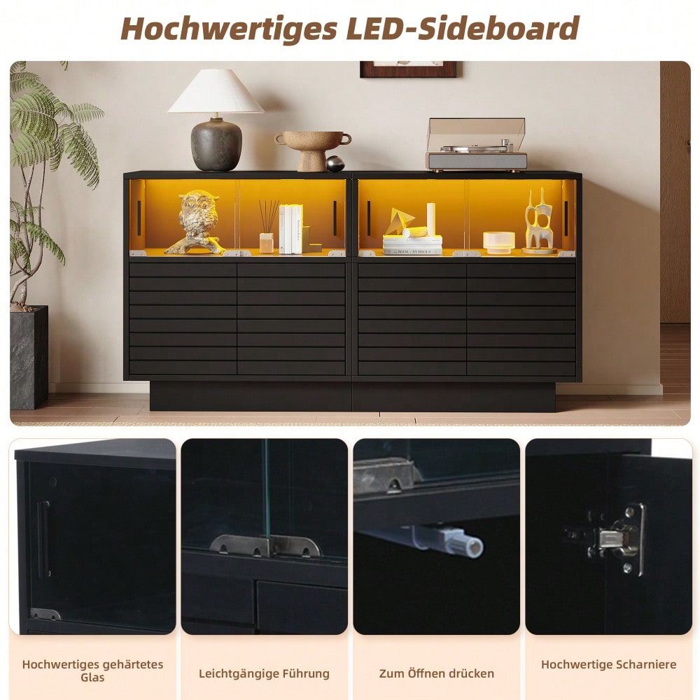 130*35*68cm Sideboard mit 2 Kabinett, 4 Fächern, Glastüren, Breite 130 cm, Beistellschrank mit LED-Licht, Wohnraumschrank mit viel Stauraum, modernes highboard