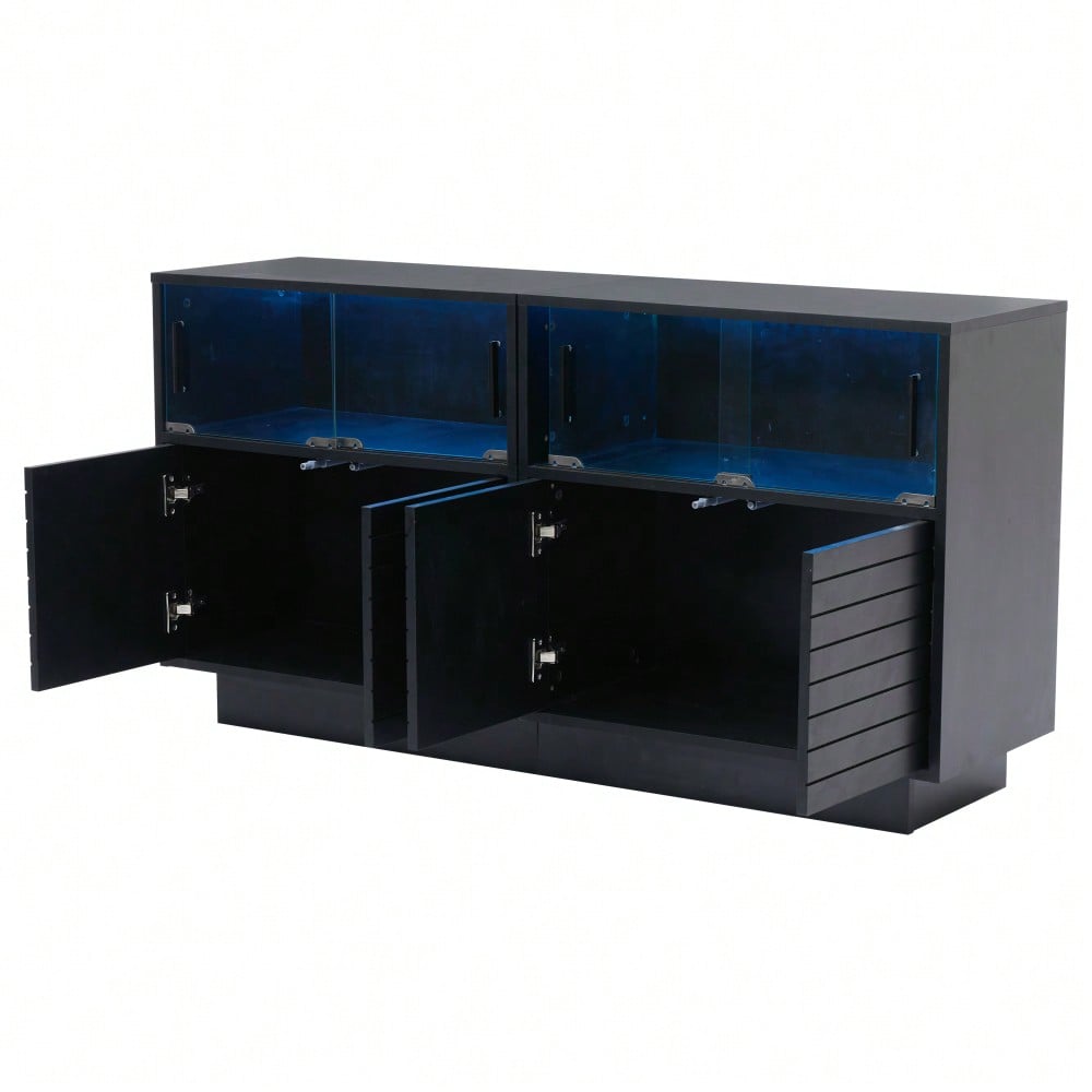 130*35*68cm Sideboard mit 2 Kabinett, 4 Fächern, Glastüren, Breite 130 cm, Beistellschrank mit LED-Licht, Wohnraumschrank mit viel Stauraum, modernes highboard