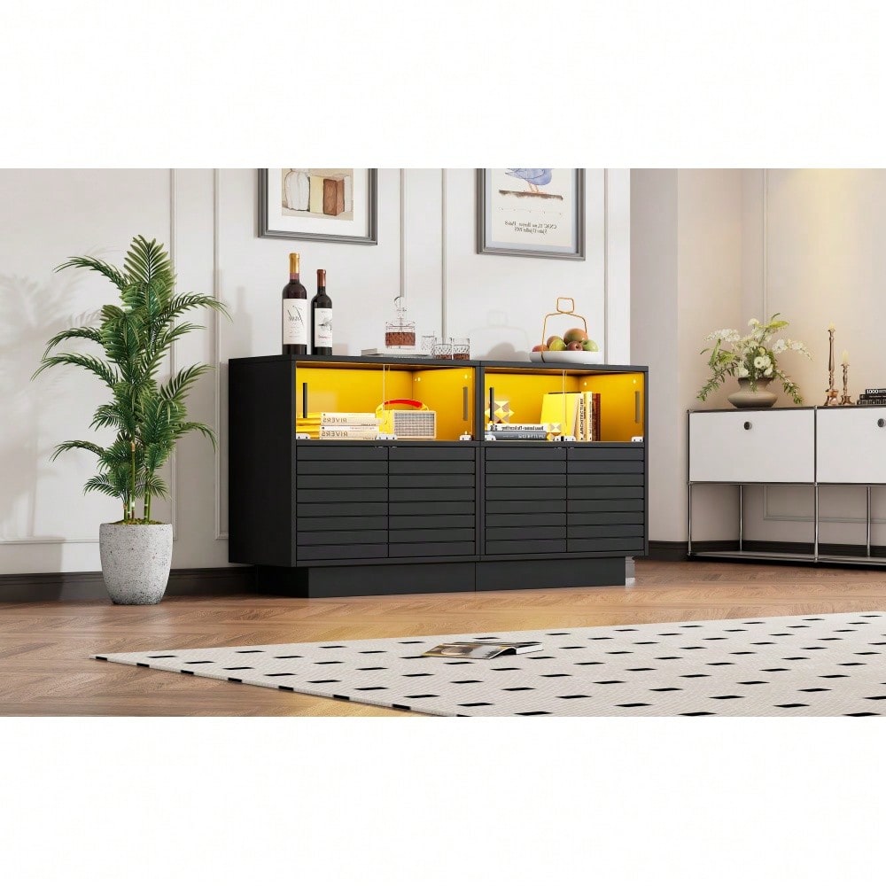 130*35*68cm Sideboard mit 2 Kabinett, 4 Fächern, Glastüren, Breite 130 cm, Beistellschrank mit LED-Licht, Wohnraumschrank mit viel Stauraum, modernes highboard