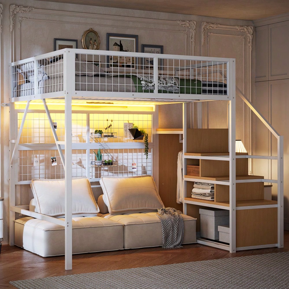 Eisenbett, Etagenbett, Hochbett 140*200, Geeignet für Kinder und Jugendliche Vielseitiges,Metall-Hochbett mit APP-gesteuerten LED-Lichtleisten Treppe mit Stauraum, offenem Kleiderschrank Weiß