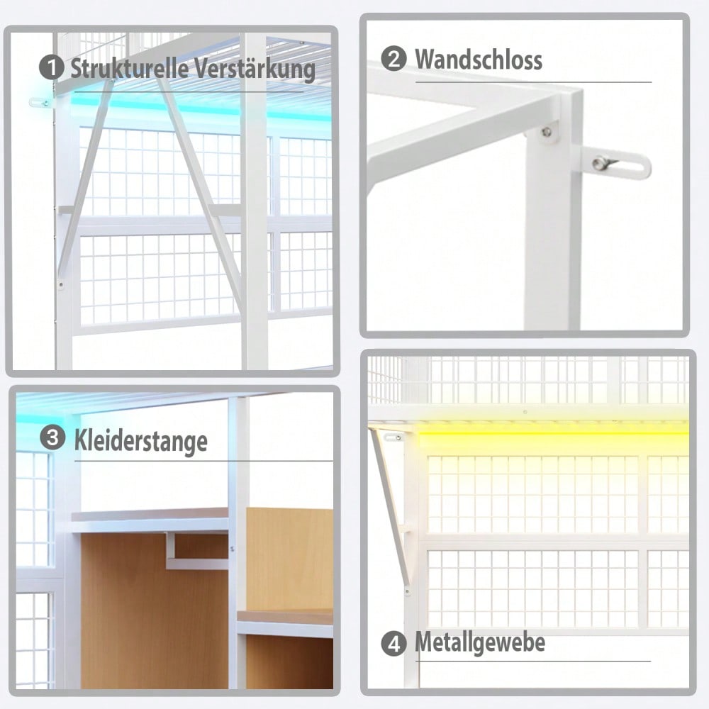 Eisenbett, Etagenbett, Hochbett 140*200, Geeignet für Kinder und Jugendliche Vielseitiges,Metall-Hochbett mit APP-gesteuerten LED-Lichtleisten Treppe mit Stauraum, offenem Kleiderschrank Weiß