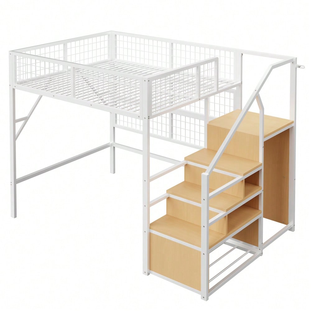 Eisenbett, Etagenbett, Hochbett 140*200, Geeignet für Kinder und Jugendliche Vielseitiges,Metall-Hochbett mit APP-gesteuerten LED-Lichtleisten Treppe mit Stauraum, offenem Kleiderschrank Weiß
