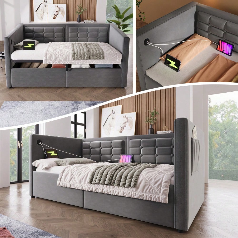 Polstertes Sofabett 90x200 cm, Einzelbett Schlafsofa mit Hydraulischem Stauraum und USB & Type-C Ladestation, Gästebett mit Holzlattenrost, Grau, Samt, Ohne Matratze.