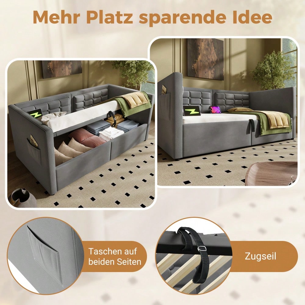 Polstertes Sofabett 90x200 cm, Einzelbett Schlafsofa mit Hydraulischem Stauraum und USB & Type-C Ladestation, Gästebett mit Holzlattenrost, Grau, Samt, Ohne Matratze.