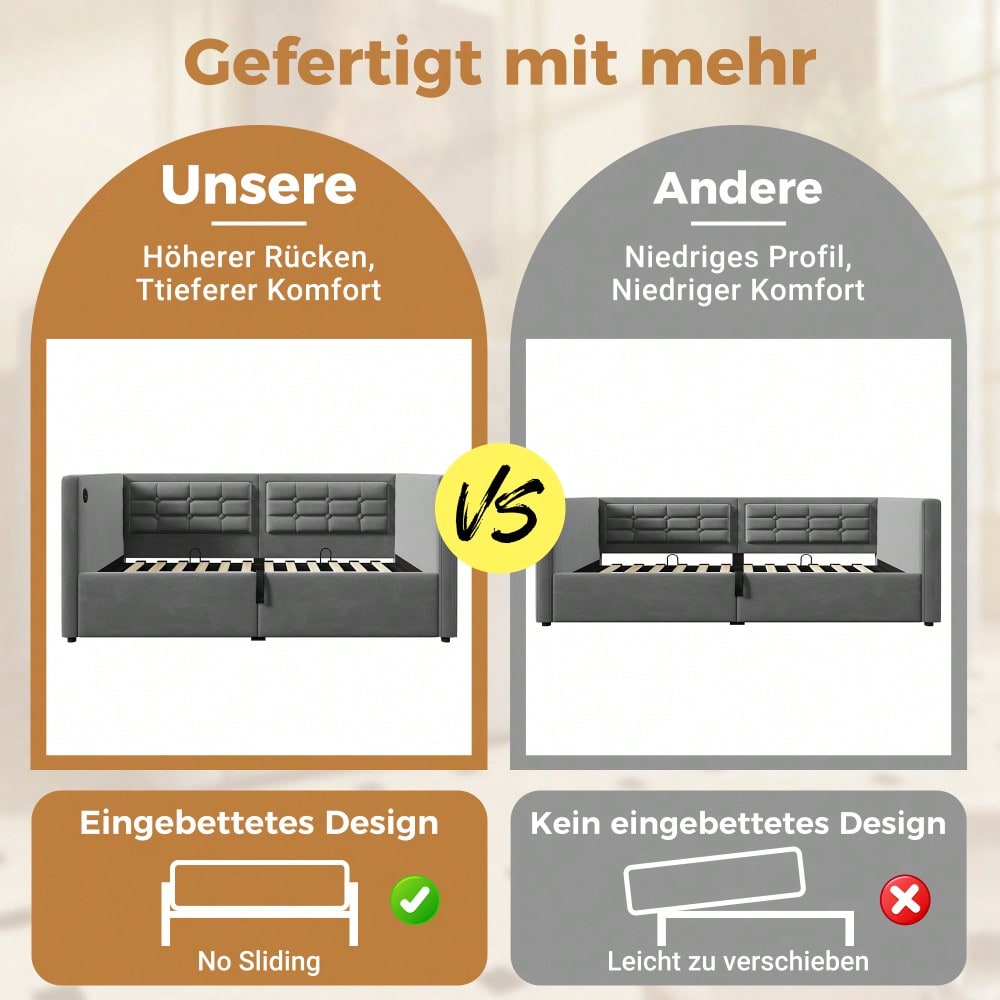 Polstertes Sofabett 90x200 cm, Einzelbett Schlafsofa mit Hydraulischem Stauraum und USB & Type-C Ladestation, Gästebett mit Holzlattenrost, Grau, Samt, Ohne Matratze.