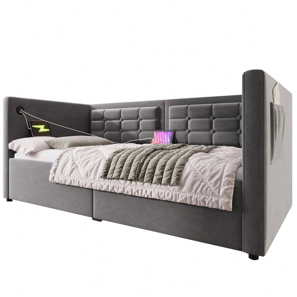 Polstertes Sofabett 90x200 cm, Einzelbett Schlafsofa mit Hydraulischem Stauraum und USB & Type-C Ladestation, Gästebett mit Holzlattenrost, Grau, Samt, Ohne Matratze.
