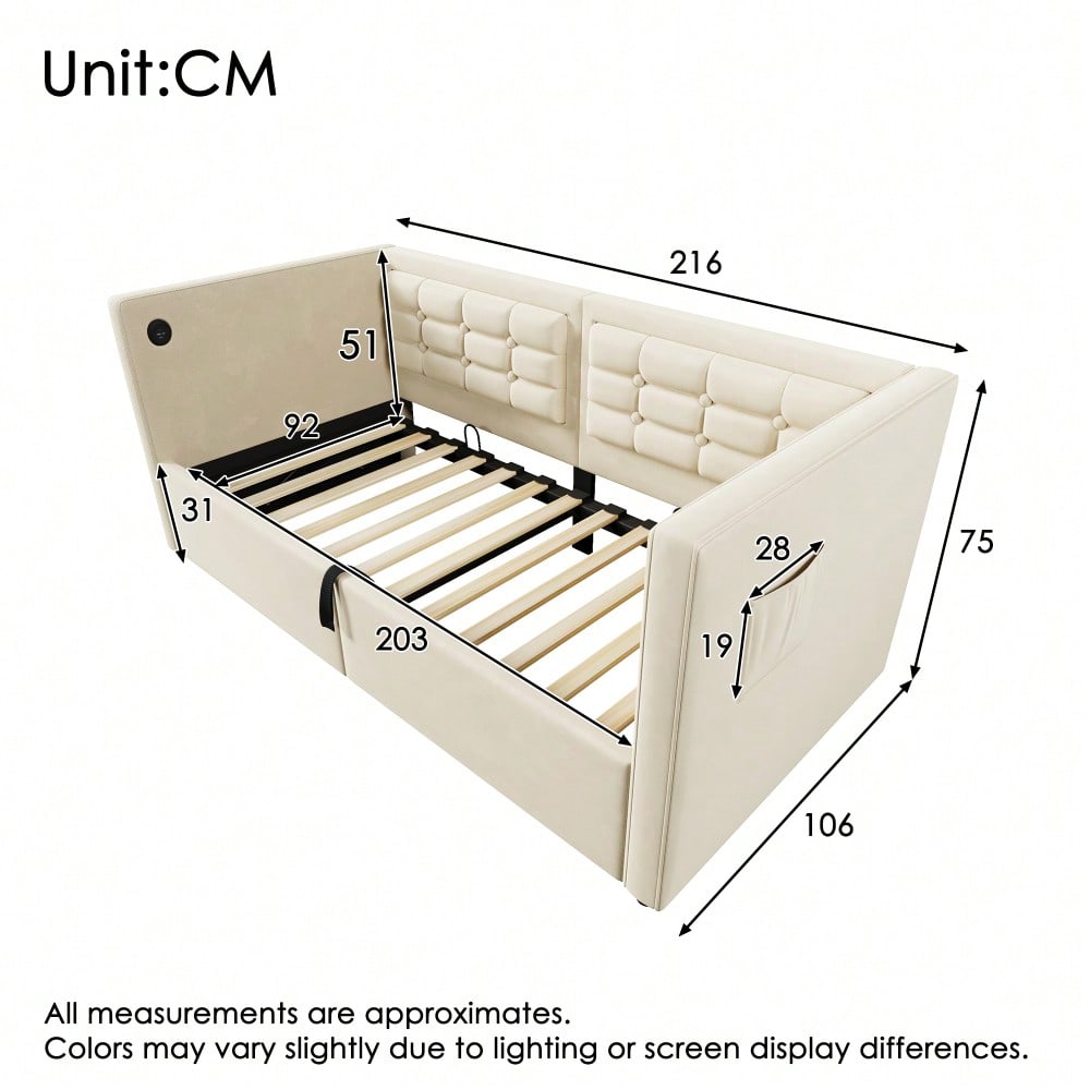 Polstertes Sofabett 90x200 cm, Einzelbett Schlafsofa mit Hydraulischem Stauraum und USB & Type-C Ladestation, Gästebett mit Holzlattenrost, Beige, Samt, Ohne Matratze.