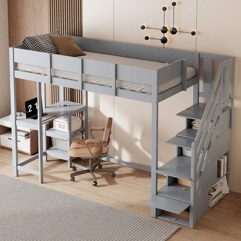 Multifunktionales Etagenbett mit Stauraum Hochbett mit Ablage 90 x 200 cm, Bettgestell aus massivem Kiefernholz mit Lattenrost,Bett für Kinder und Jugendliche Grau