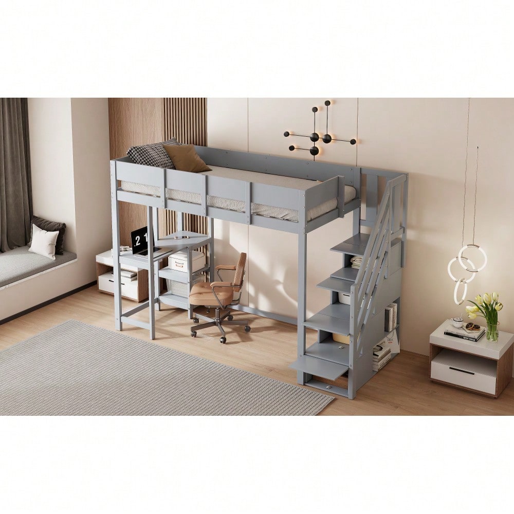 Multifunktionales Etagenbett mit Stauraum Hochbett mit Ablage 90 x 200 cm, Bettgestell aus massivem Kiefernholz mit Lattenrost,Bett für Kinder und Jugendliche Grau