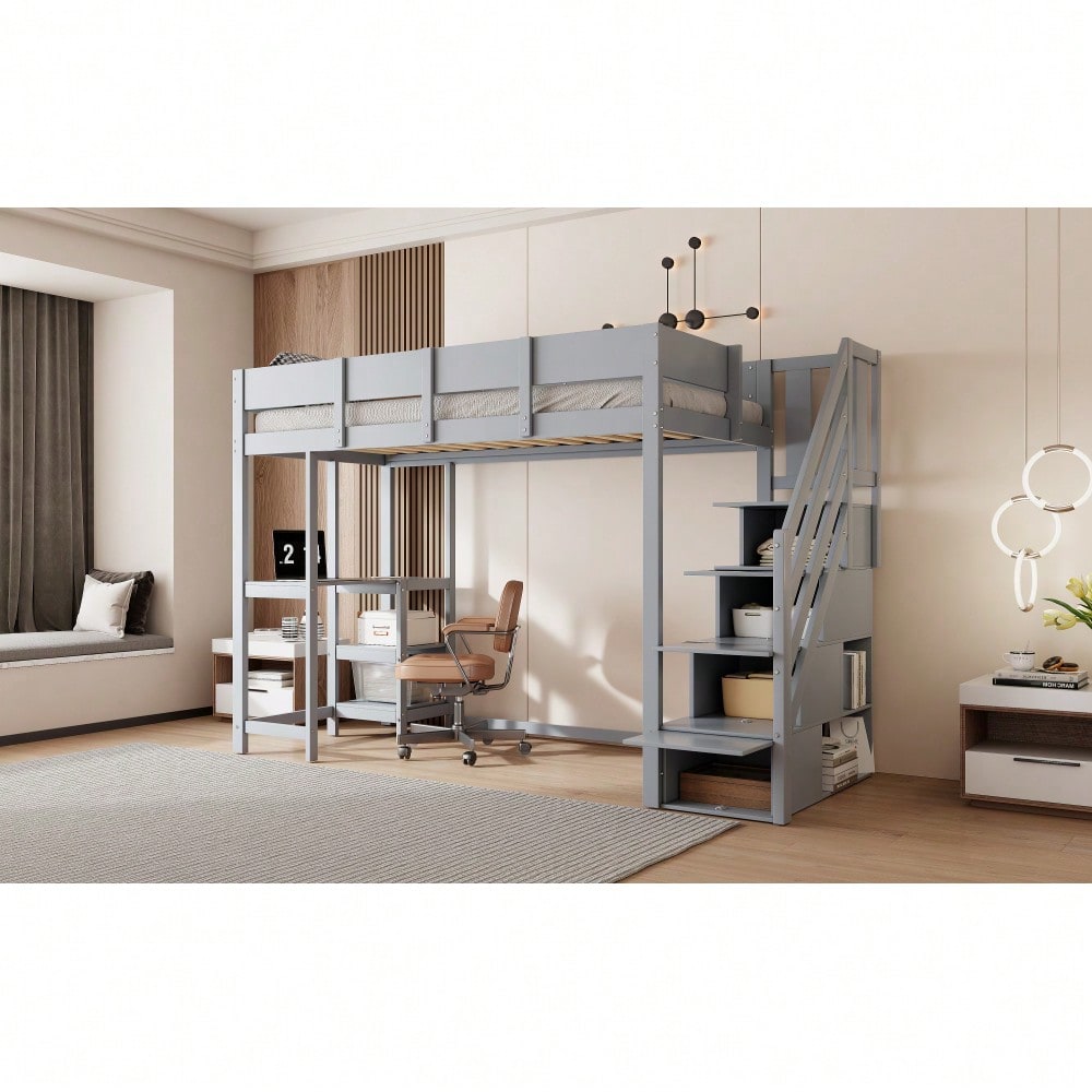 Multifunktionales Etagenbett mit Stauraum Hochbett mit Ablage 90 x 200 cm, Bettgestell aus massivem Kiefernholz mit Lattenrost,Bett für Kinder und Jugendliche Grau