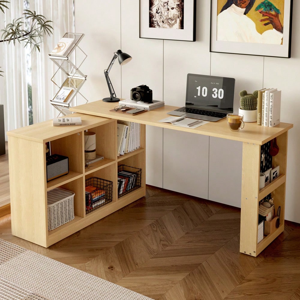 140 x 104 x 75cm Multifunktionaler Bürotisch, Sechsfach-Lagerschrank + Ablage, breite und dicke Schreibtischplatte, Lochplatte + Ablage, super belastbar, veränderbare Form, Natural