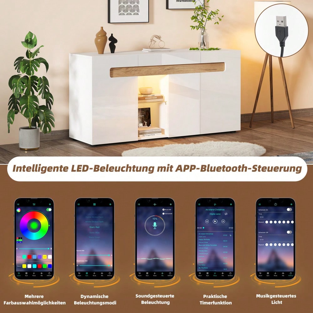 Modernes 3-türiges Sideboard, LED-Lichtsteuerung, Wohnzimmerschrank mit App-Steuerung, 140x40x70 cm Hochglanz-Wohnmöbel, weiß mit Glasboden, Lagerschrank