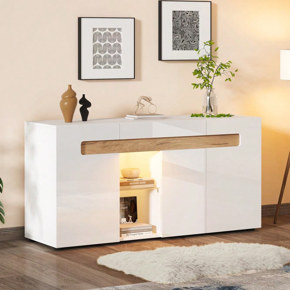 Modernes 3-türiges Sideboard, LED-Lichtsteuerung, Wohnzimmerschrank mit App-Steuerung, 140x40x70 cm Hochglanz-Wohnmöbel, weiß mit Glasboden, Lagerschrank