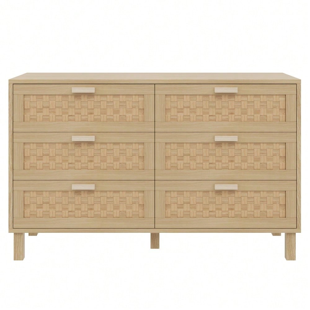 Elegantes Sideboard und Kommode aus Naturholz mit sechs Schubladen, Schlafzimmerschrank mit viel Stauraum, Schubladen in Rattanoptik.