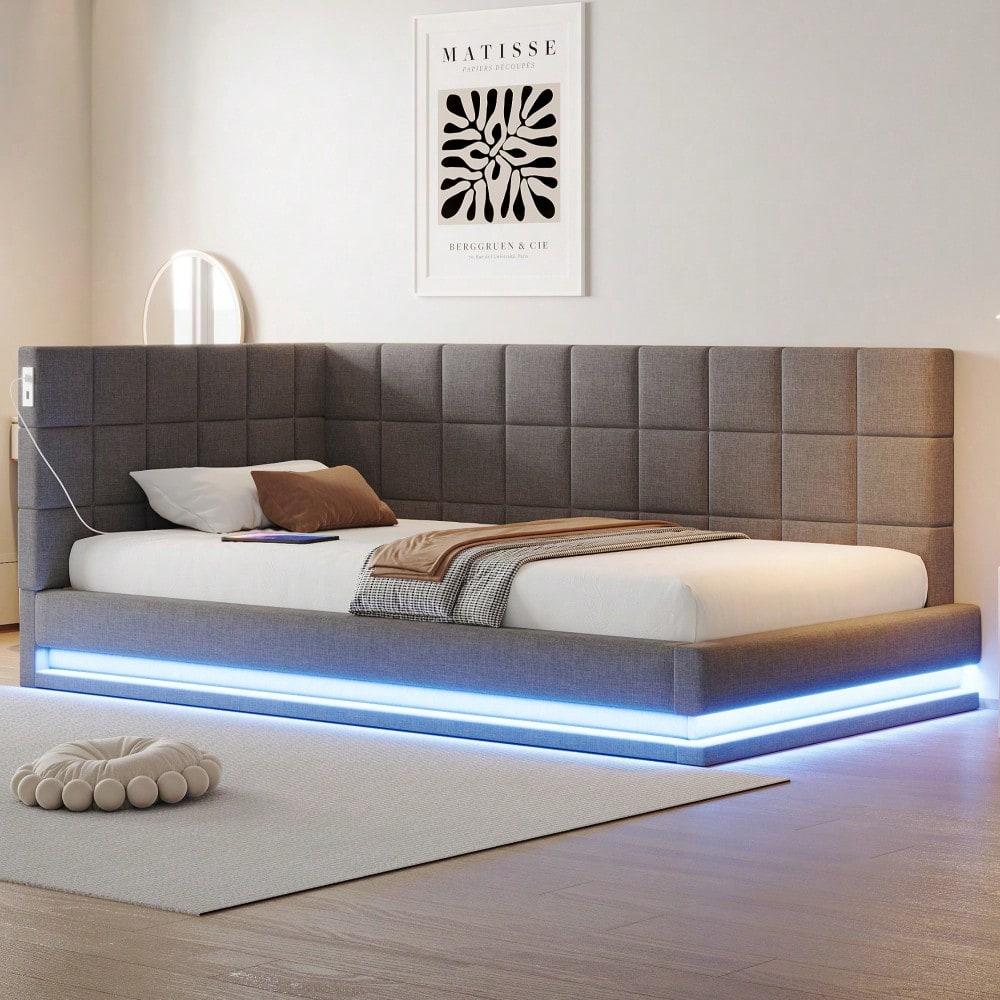 Polster-Schlafsofa 160*200 Multifunktionales Bett mit LED-Lichtleiste, USB-Anschluss und Lattenrost, Leinenstoff, grau