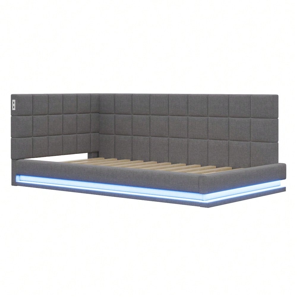 Polster-Schlafsofa 160*200 Multifunktionales Bett mit LED-Lichtleiste, USB-Anschluss und Lattenrost, Leinenstoff, grau
