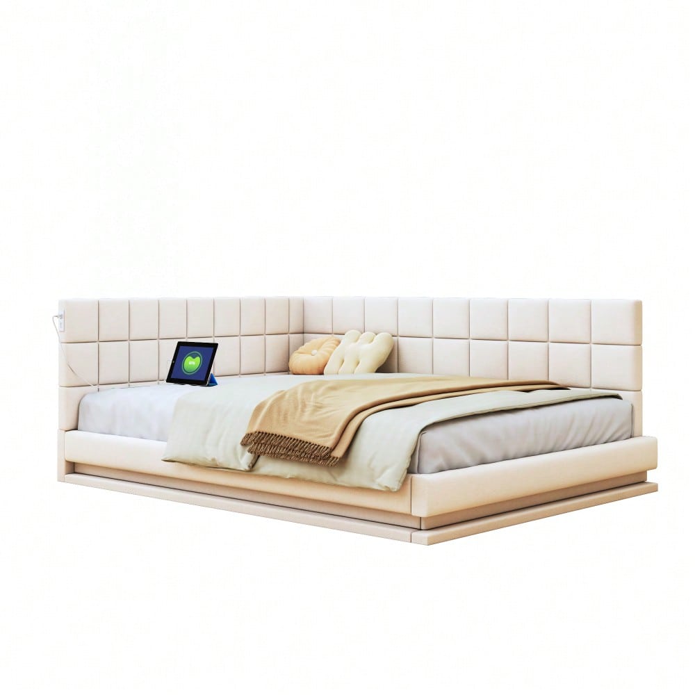 Polster-Schlafsofa 160*200 Multifunktionales Bett mit LED-Lichtleiste, USB-Anschluss und Lattenrost, Leinenstoff, beige