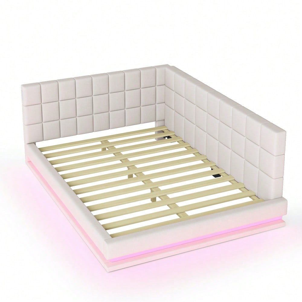 Polster-Schlafsofa 160*200 Multifunktionales Bett mit LED-Lichtleiste, USB-Anschluss und Lattenrost, Leinenstoff, beige