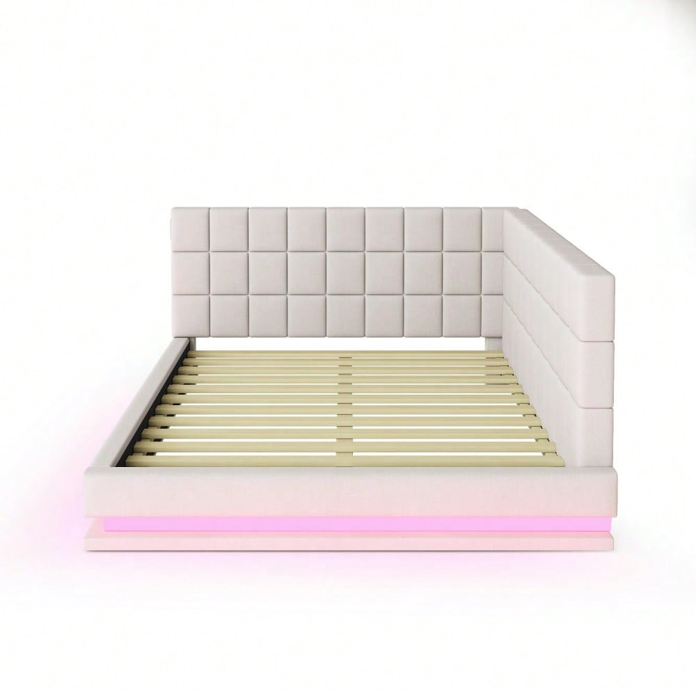 Polster-Schlafsofa 160*200 Multifunktionales Bett mit LED-Lichtleiste, USB-Anschluss und Lattenrost, Leinenstoff, beige