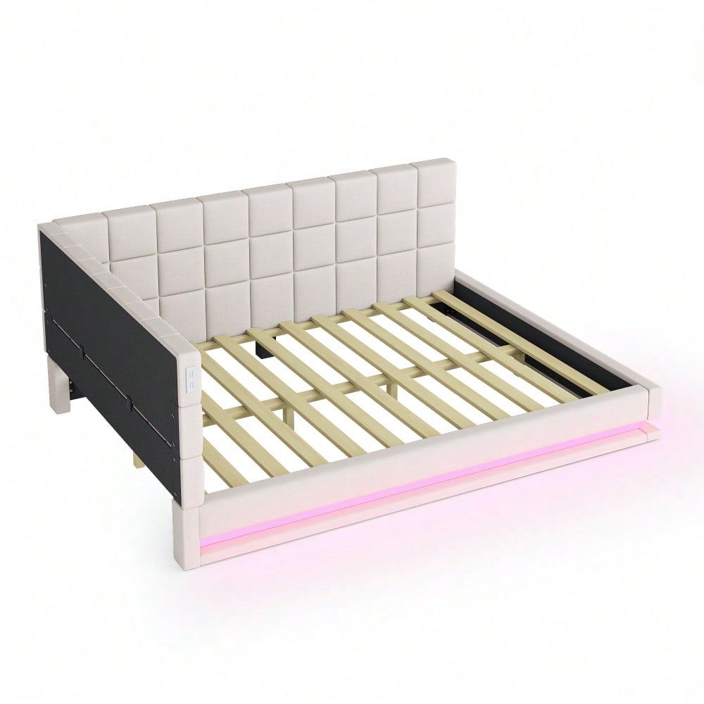 Polster-Schlafsofa 160*200 Multifunktionales Bett mit LED-Lichtleiste, USB-Anschluss und Lattenrost, Leinenstoff, beige