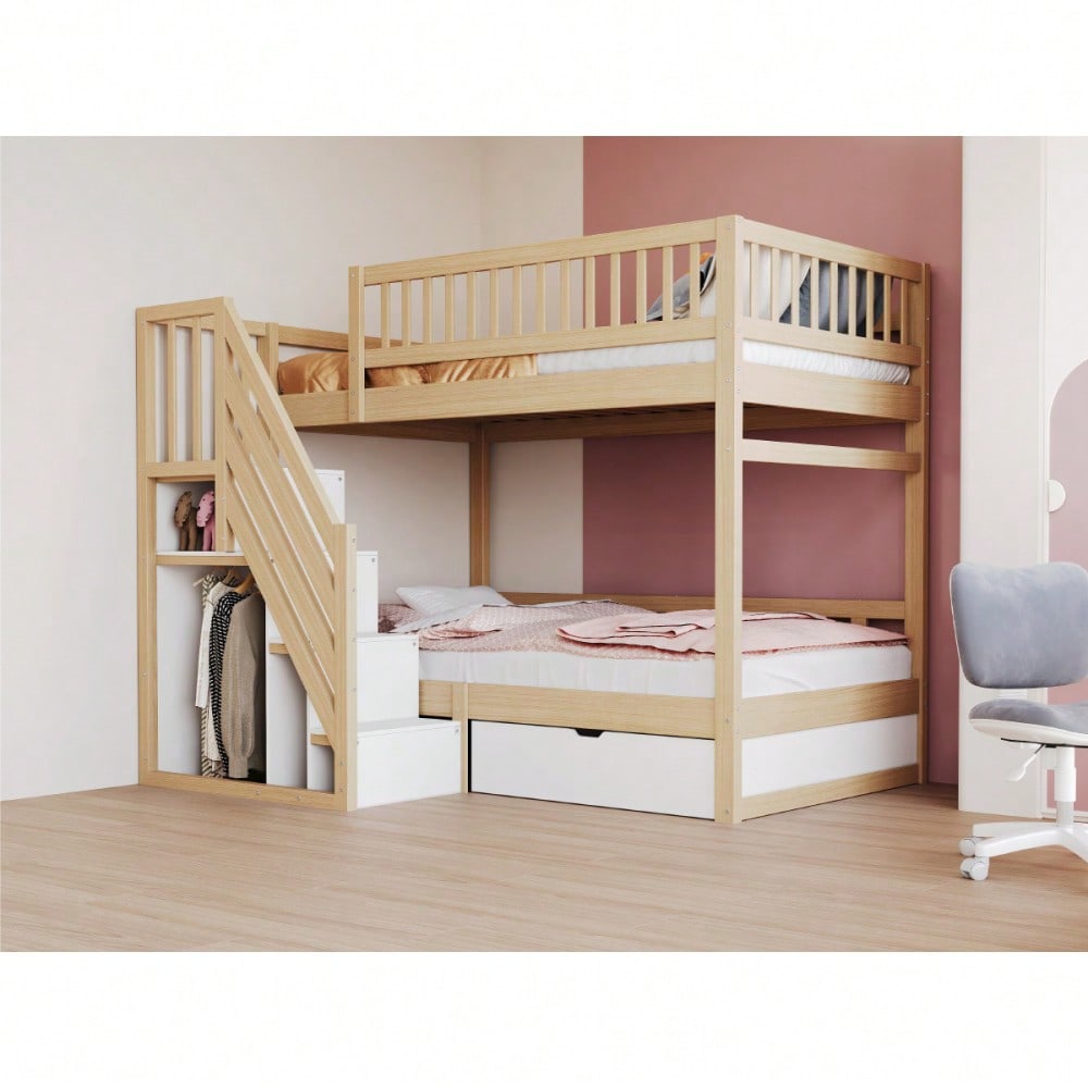 Etagenbett Aus Massivholz 90*200 cm, Mit Hohem Sicherheitsgitter, Mit Lattenrost, Sicherheitsleiter mit Stauraum, Mit Stauschubladen, Kinderbett Jugendbett, Holzfarbe
